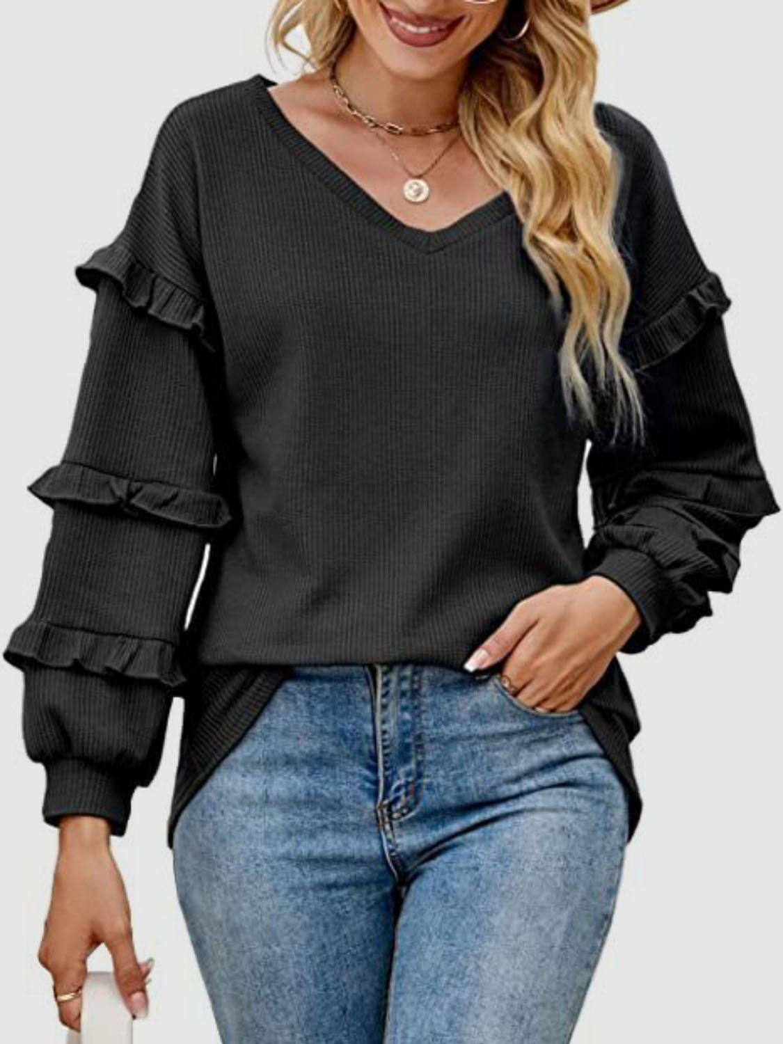 Roberta Ruffled V-Neck Long Sleeve T-Shirt