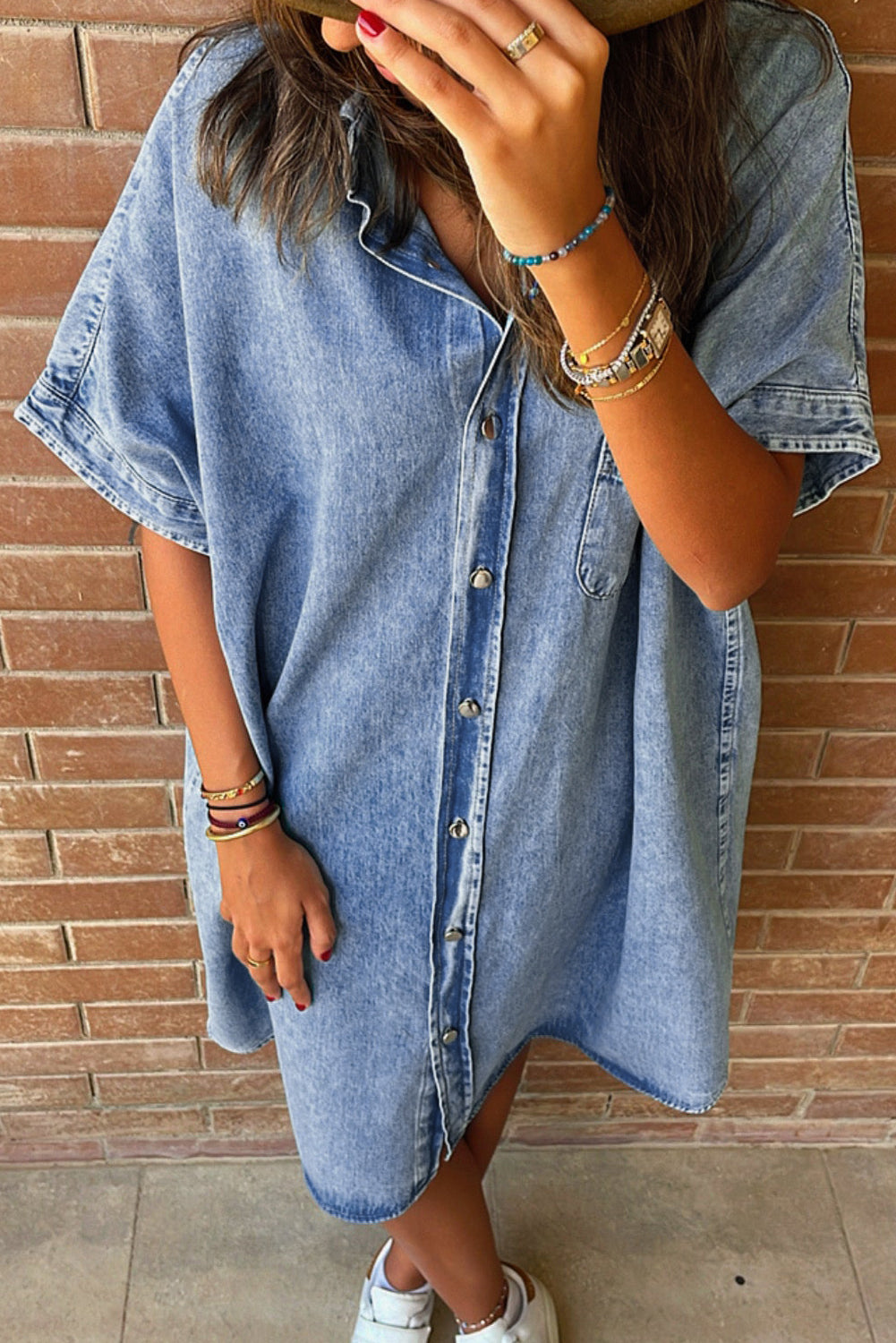 Shera Light Blue Vintage Wash Loose Denim Shirt Dress