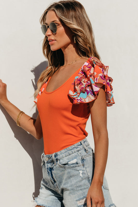 Aquiline Scoop Neck Flounce Sleeve Bodysuit