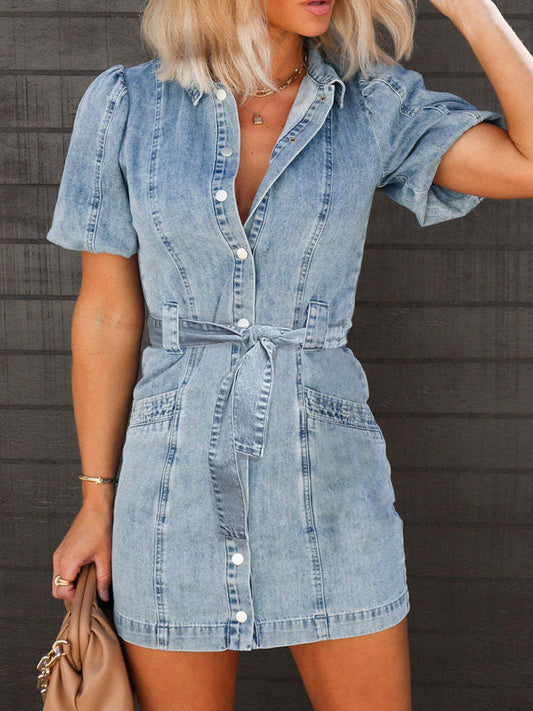 Destiny Puff Sleeve Button Up Mini Denim Dress